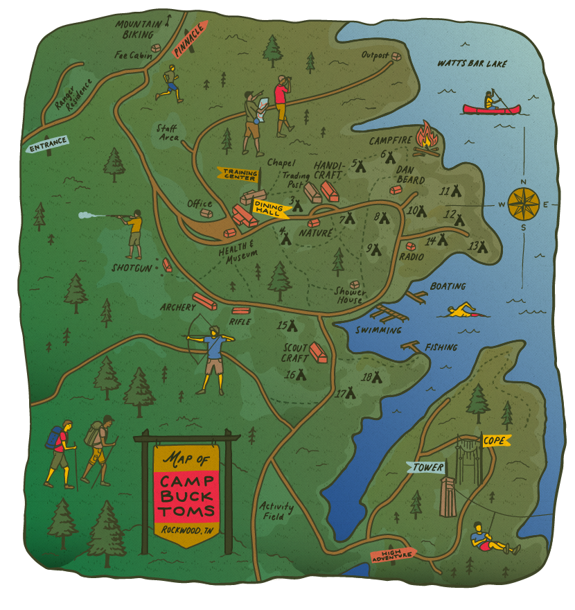 Camp Buck Toms illustrated map