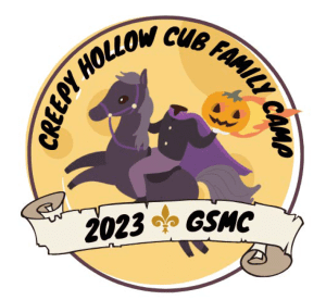 Logo for GSMC Creepy Hollow Cub Family Camp showing a headless horseman on a horse that is rearing up.