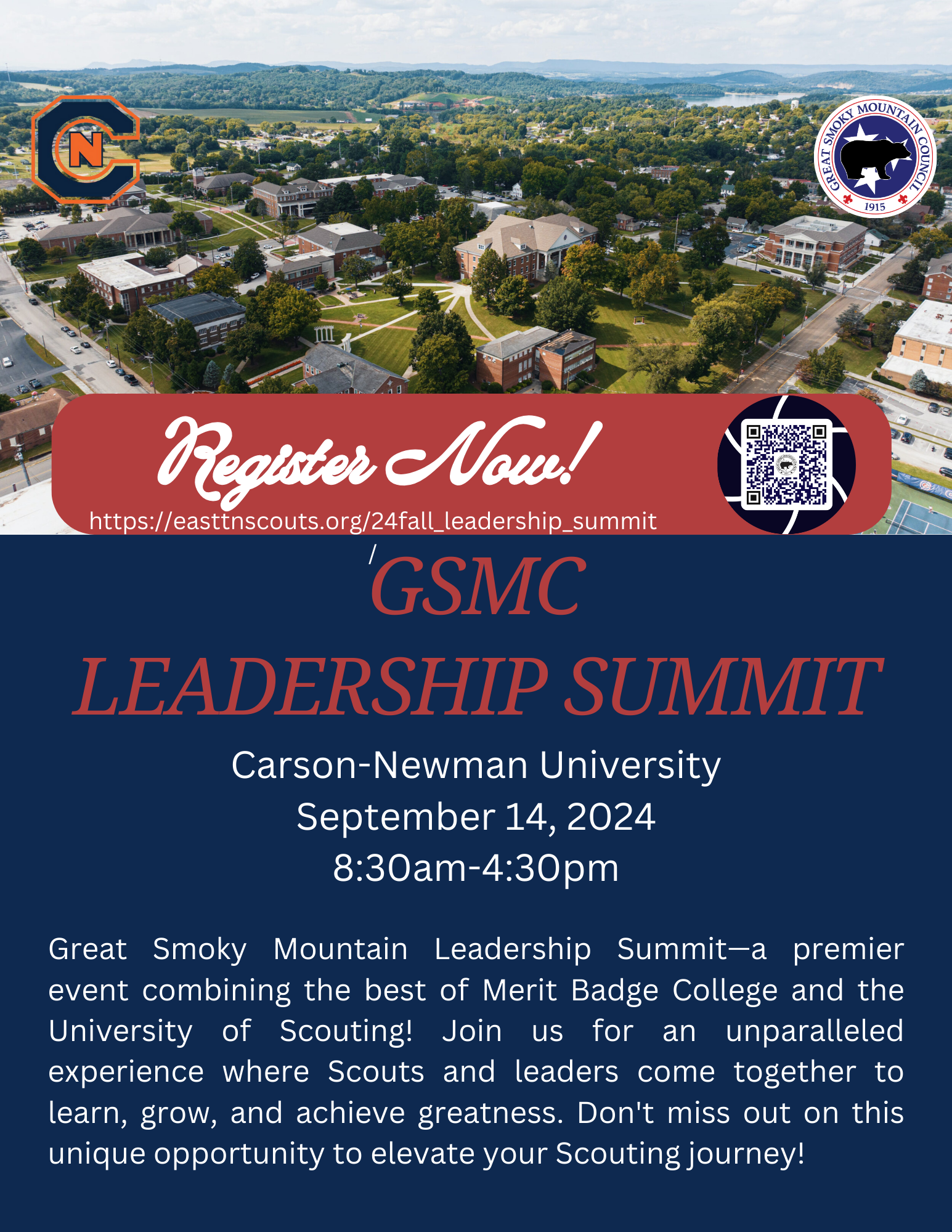 flyer to register for the 2024 Fall Leadership Summit, an event combining the best of Merit Badge College and the University of Scouting - hosted by Carson-Newman University.